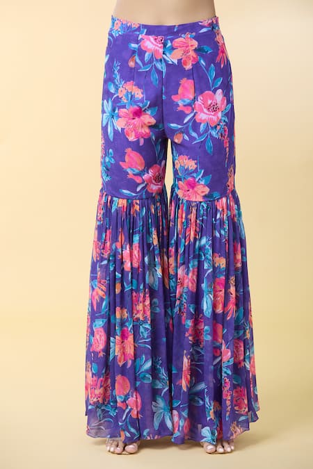 Kalakaari By Sagarika Purple Georgette, Silk Organza Embroidery Floral Bloom Print Kurta Sharara Set at Aza Fashions Kalakaari By Sagarika_Purple Georgette, Silk Organza Embroidery Floral Bloom Print Kurta Sharara Set _at_Aza_Fashions