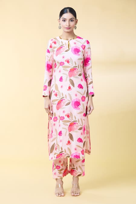 Kalakaari By Sagarika_Pink Silk Organza, Silk, Muslin Embroidery Round Floral Print Kurta Pant Set _Online_at_Aza_Fashions