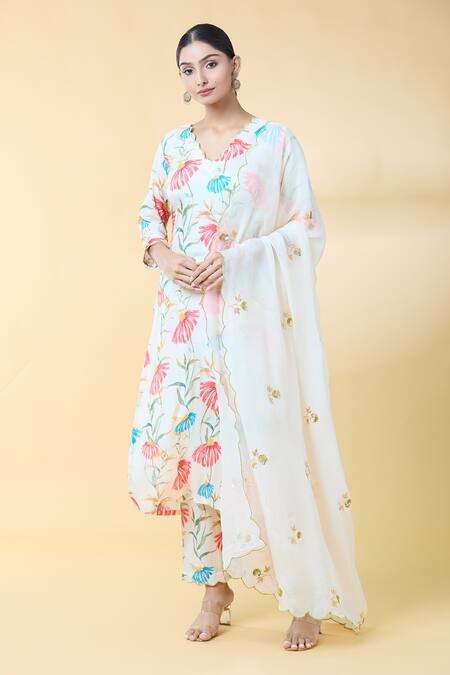 Shop Kalakaari By Sagarika Off White Organza, Embroidery Floral Print Straight Kurta Pant Set Online at Aza Fashions Shop_Kalakaari By Sagarika_Off White Organza, Embroidery Floral Print Straight Kurta Pant Set _Online_at_Aza_Fashions