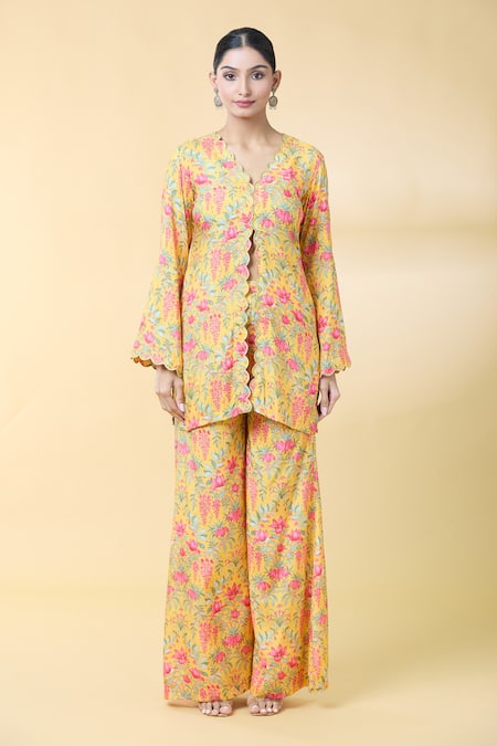 Kalakaari By Sagarika_Yellow Organza, Embroidery, Lotus Bloom Print Kurta Palazzo Set _Online_at_Aza_Fashions