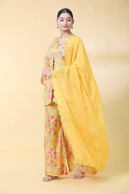 Buy_Kalakaari By Sagarika_Yellow Organza, Embroidery, Lotus Bloom Print Kurta Palazzo Set _Online_at_Aza_Fashions