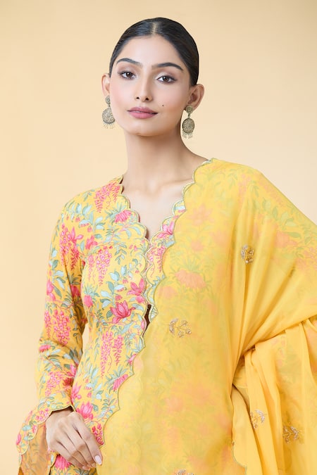 Shop_Kalakaari By Sagarika_Yellow Organza, Embroidery, Lotus Bloom Print Kurta Palazzo Set _Online_at_Aza_Fashions