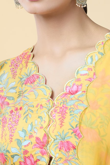 Kalakaari By Sagarika_Yellow Organza, Embroidery, Lotus Bloom Print Kurta Palazzo Set _at_Aza_Fashions