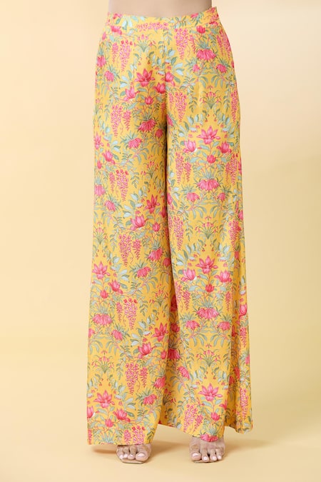 Buy_Kalakaari By Sagarika_Yellow Organza, Embroidery, Lotus Bloom Print Kurta Palazzo Set 