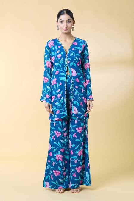 Kalakaari By Sagarika_Blue Georgette, Silk Organza Embroidery Flower Bloom Print Kurta Palazzo Set _Online_at_Aza_Fashions