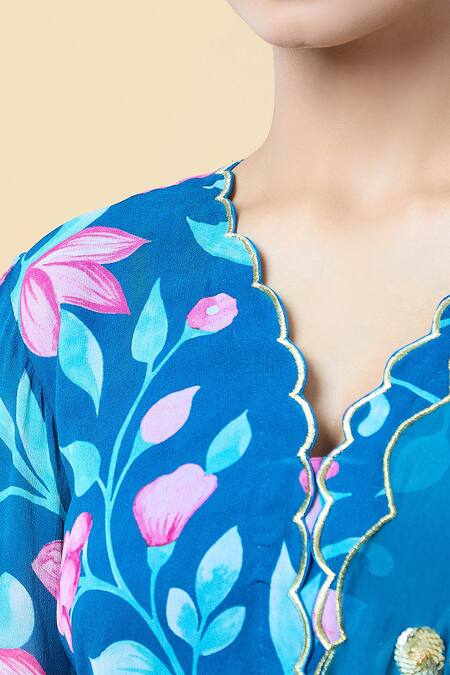 Buy_Kalakaari By Sagarika_Blue Georgette, Silk Organza Embroidery Flower Bloom Print Kurta Palazzo Set _Online_at_Aza_Fashions