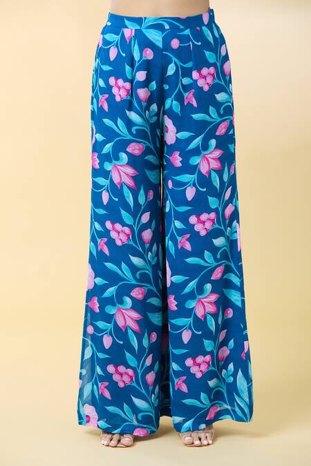 Shop_Kalakaari By Sagarika_Blue Georgette, Silk Organza Embroidery Flower Bloom Print Kurta Palazzo Set _Online_at_Aza_Fashions