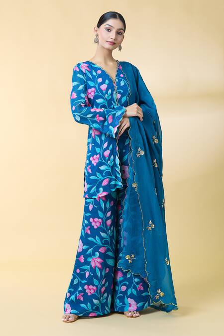 Kalakaari By Sagarika_Blue Georgette, Silk Organza Embroidery Flower Bloom Print Kurta Palazzo Set _at_Aza_Fashions
