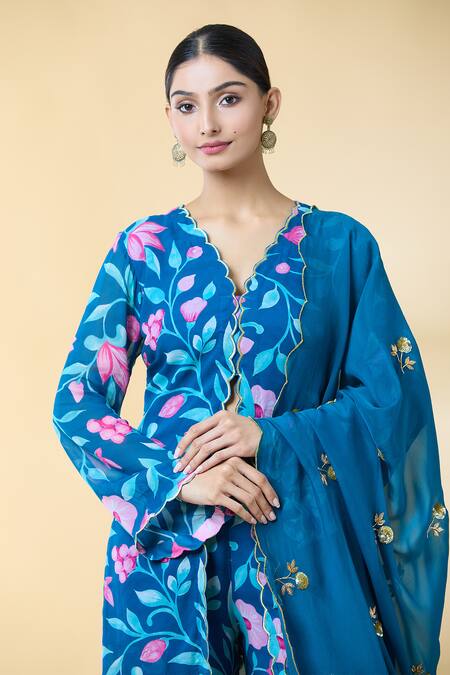 Buy_Kalakaari By Sagarika_Blue Georgette, Silk Organza Embroidery Flower Bloom Print Kurta Palazzo Set 