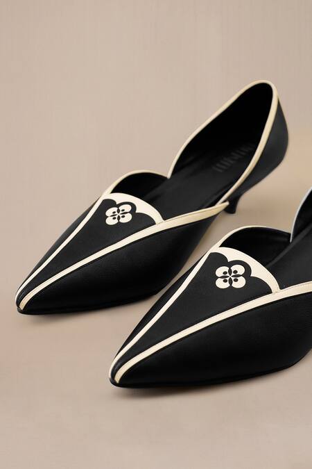 Ampm_Black Embroidery Zuri Embellished Kitten Heels _at_Aza_Fashions