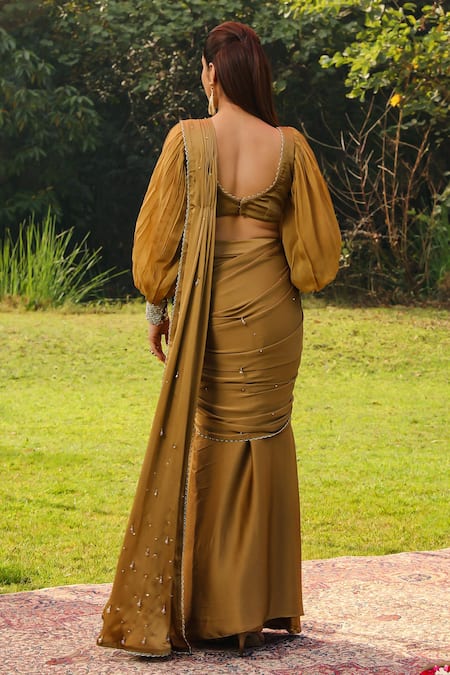 Shop Ajiesh Oberoi Gold Organza, Chiffon, Satin Sequins, Ayesha Pre-draped Saree With Blouse at Aza Fashions Shop_Ajiesh Oberoi_Gold Organza, Chiffon, Satin Sequins, Ayesha Pre-draped Saree With Blouse _at_Aza_Fashions