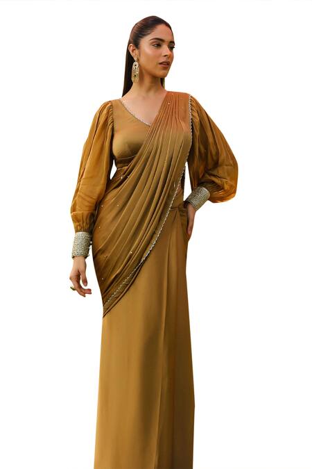 Ajiesh Oberoi Gold Organza, Chiffon, Satin Sequins, Ayesha Pre-draped Saree With Blouse Online at Aza Fashions Ajiesh Oberoi_Gold Organza, Chiffon, Satin Sequins, Ayesha Pre-draped Saree With Blouse _Online_at_Aza_Fashions