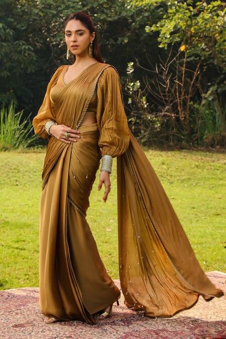 Buy Ajiesh Oberoi Gold Organza, Chiffon, Satin Sequins, Ayesha Pre-draped Saree With Blouse Online at Aza Fashions Buy_Ajiesh Oberoi_Gold Organza, Chiffon, Satin Sequins, Ayesha Pre-draped Saree With Blouse _Online_at_Aza_Fashions