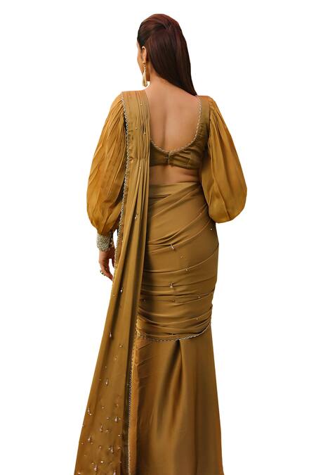Shop Ajiesh Oberoi Gold Organza, Chiffon, Satin Sequins, Ayesha Pre-draped Saree With Blouse Online at Aza Fashions Shop_Ajiesh Oberoi_Gold Organza, Chiffon, Satin Sequins, Ayesha Pre-draped Saree With Blouse _Online_at_Aza_Fashions