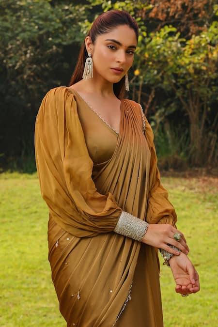 Ajiesh Oberoi Gold Organza, Chiffon, Satin Sequins, Ayesha Pre-draped Saree With Blouse at Aza Fashions Ajiesh Oberoi_Gold Organza, Chiffon, Satin Sequins, Ayesha Pre-draped Saree With Blouse _at_Aza_Fashions