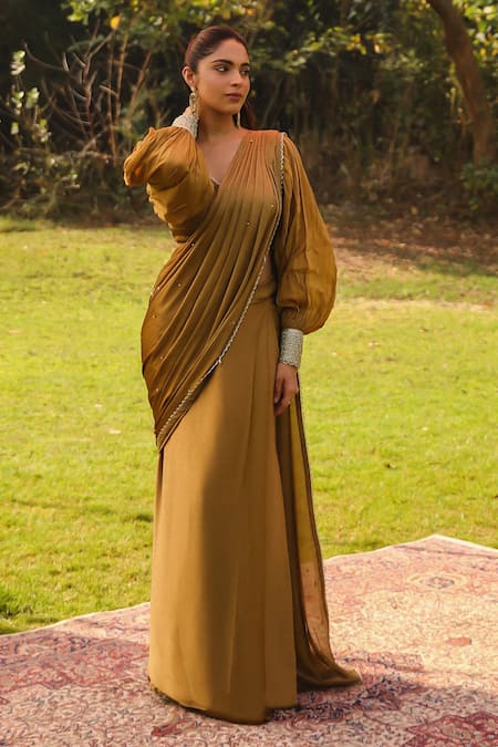 Shop Ajiesh Oberoi Gold Organza, Chiffon, Satin Sequins, Ayesha Pre-draped Saree With Blouse Shop_Ajiesh Oberoi_Gold Organza, Chiffon, Satin Sequins, Ayesha Pre-draped Saree With Blouse