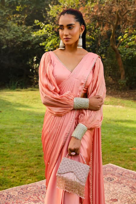 Buy Ajiesh Oberoi Peach Organza, Satin, Chiffon, Ayesha Embellished Pre-draped Saree With Blouse Online at Aza Fashions Buy_Ajiesh Oberoi_Peach Organza, Satin, Chiffon, Ayesha Embellished Pre-draped Saree With Blouse _Online_at_Aza_Fashions