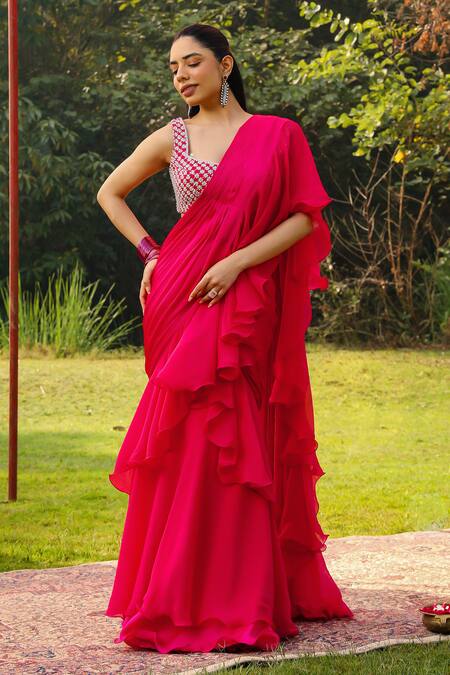 Ajiesh Oberoi Pink Satin, Organza, Chiffon Sitara Frilled Pre-draped Saree With Blouse at Aza Fashions Ajiesh Oberoi_Pink Satin, Organza, Chiffon Sitara Frilled Pre-draped Saree With Blouse _at_Aza_Fashions