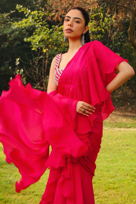 Buy Ajiesh Oberoi Pink Satin, Organza, Chiffon Sitara Frilled Pre-draped Saree With Blouse Buy_Ajiesh Oberoi_Pink Satin, Organza, Chiffon Sitara Frilled Pre-draped Saree With Blouse