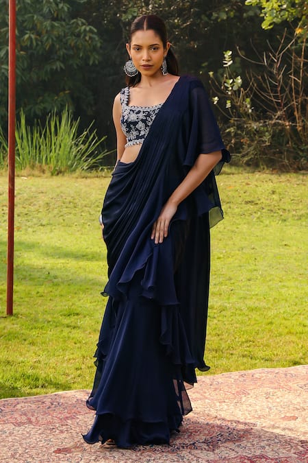 Ajiesh Oberoi Blue Organza Embroidered Cutdana Taraa Pre-draped Frilled Saree With Blouse 