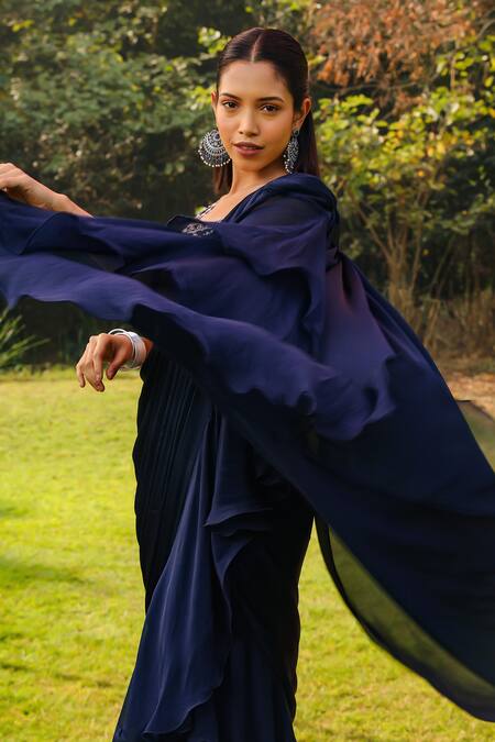 Shop Ajiesh Oberoi Blue Organza, Chiffon Embroidery, Taraa Pre-draped Frilled Saree With Blouse Online at Aza Fashions Shop_Ajiesh Oberoi_Blue Organza, Chiffon Embroidery, Taraa Pre-draped Frilled Saree With Blouse _Online_at_Aza_Fashions