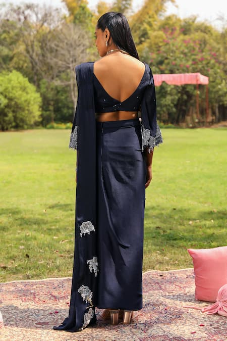 Shop Ajiesh Oberoi Blue Organza, Chiffon, Satin Crystals, Dilbar Pre-draped Saree With Blouse at Aza Fashions Shop_Ajiesh Oberoi_Blue Organza, Chiffon, Satin Crystals, Dilbar Pre-draped Saree With Blouse _at_Aza_Fashions