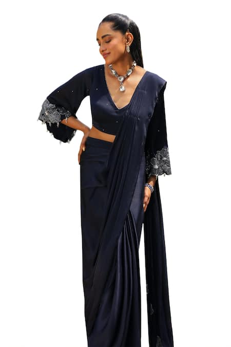Ajiesh Oberoi Blue Organza, Chiffon, Satin Crystals, Dilbar Pre-draped Saree With Blouse Online at Aza Fashions Ajiesh Oberoi_Blue Organza, Chiffon, Satin Crystals, Dilbar Pre-draped Saree With Blouse _Online_at_Aza_Fashions