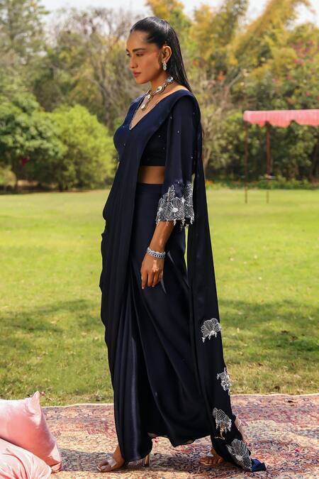 Buy Ajiesh Oberoi Blue Organza, Chiffon, Satin Crystals, Dilbar Pre-draped Saree With Blouse Online at Aza Fashions Buy_Ajiesh Oberoi_Blue Organza, Chiffon, Satin Crystals, Dilbar Pre-draped Saree With Blouse _Online_at_Aza_Fashions