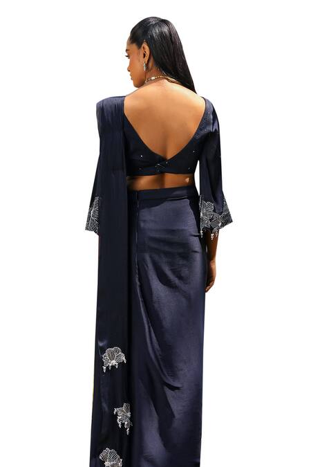 Shop Ajiesh Oberoi Blue Organza, Chiffon, Satin Crystals, Dilbar Pre-draped Saree With Blouse Online at Aza Fashions Shop_Ajiesh Oberoi_Blue Organza, Chiffon, Satin Crystals, Dilbar Pre-draped Saree With Blouse _Online_at_Aza_Fashions