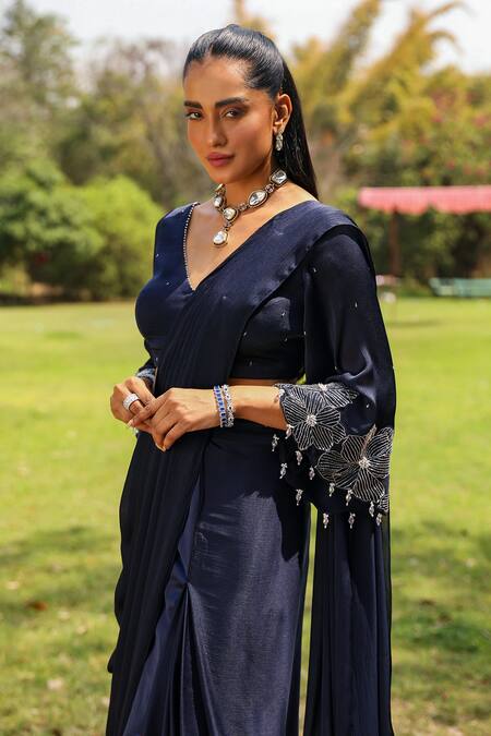 Ajiesh Oberoi Blue Organza, Chiffon, Satin Crystals, Dilbar Pre-draped Saree With Blouse at Aza Fashions Ajiesh Oberoi_Blue Organza, Chiffon, Satin Crystals, Dilbar Pre-draped Saree With Blouse _at_Aza_Fashions