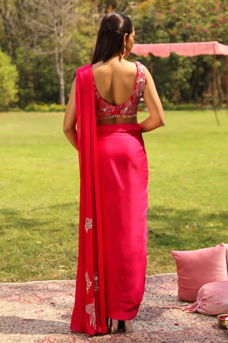 Shop Ajiesh Oberoi Pink Modal, Chiffon Tassels, Embroidery Piyari Pre-draped Saree With Blouse at Aza Fashions Shop_Ajiesh Oberoi_Pink Modal, Chiffon Tassels, Embroidery Piyari Pre-draped Saree With Blouse _at_Aza_Fashions