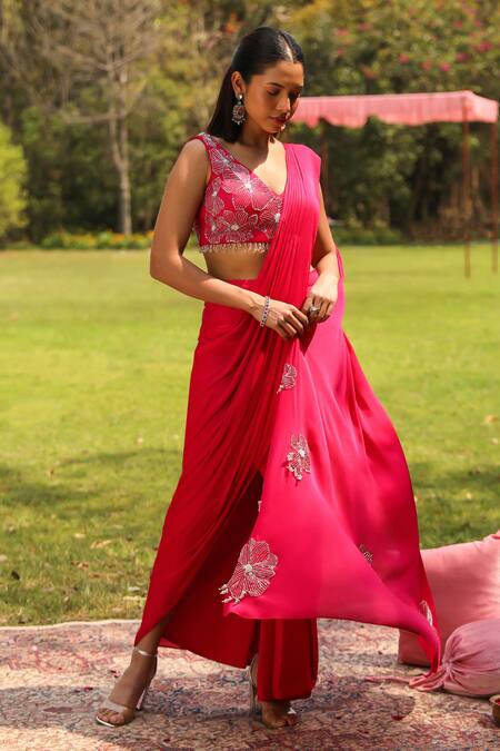 Ajiesh Oberoi Pink Modal, Chiffon Tassels, Embroidery Piyari Pre-draped Saree With Blouse Online at Aza Fashions Ajiesh Oberoi_Pink Modal, Chiffon Tassels, Embroidery Piyari Pre-draped Saree With Blouse _Online_at_Aza_Fashions