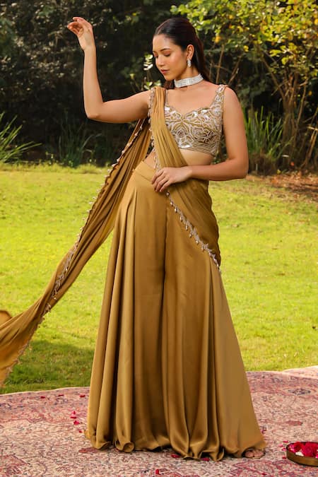 Ajiesh Oberoi Green Chiffon Embroidered Karishma Border Draped Sharara Saree With Blouse 