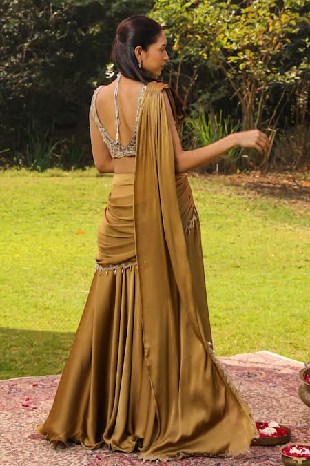 Ajiesh Oberoi Karishma Tassel Border Draped Sharara Saree With Blouse 