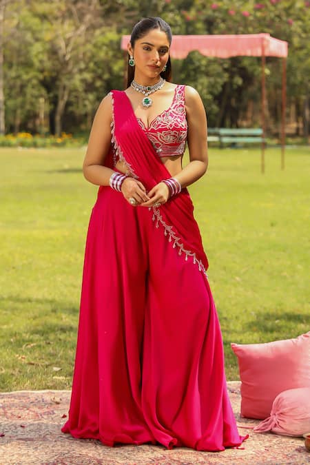 Ajiesh Oberoi Pink Chiffon Embroidered Tassel Karishma Draped Sharara Saree With Blouse 