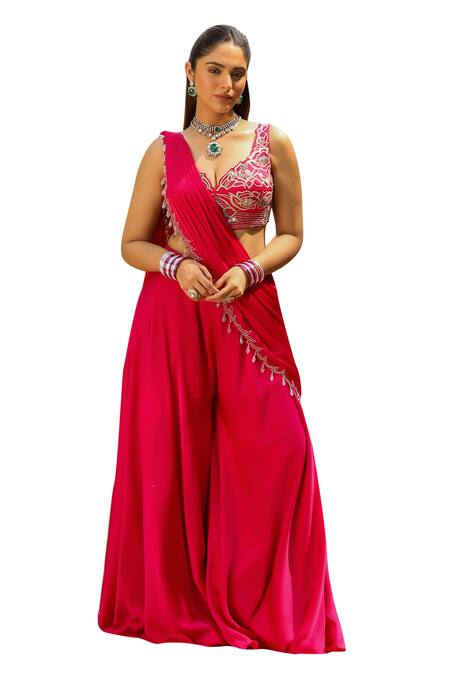Ajiesh Oberoi Pink Chiffon, Satin Cut Work, Tassels Karishma Draped Sharara Saree With Blouse Online at Aza Fashions Ajiesh Oberoi_Pink Chiffon, Satin Cut Work, Tassels Karishma Draped Sharara Saree With Blouse _Online_at_Aza_Fashions