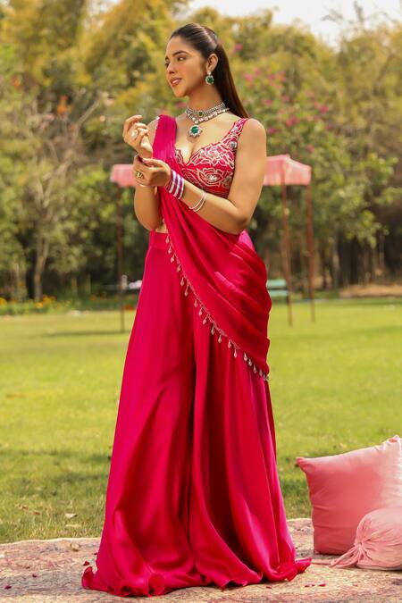 Buy Ajiesh Oberoi Pink Chiffon, Satin Cut Work, Tassels Karishma Draped Sharara Saree With Blouse Online at Aza Fashions Buy_Ajiesh Oberoi_Pink Chiffon, Satin Cut Work, Tassels Karishma Draped Sharara Saree With Blouse _Online_at_Aza_Fashions