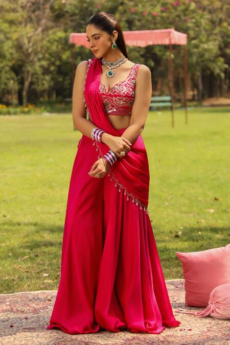 Shop Ajiesh Oberoi Pink Chiffon, Satin Cut Work, Tassels Karishma Draped Sharara Saree With Blouse Online at Aza Fashions Shop_Ajiesh Oberoi_Pink Chiffon, Satin Cut Work, Tassels Karishma Draped Sharara Saree With Blouse _Online_at_Aza_Fashions