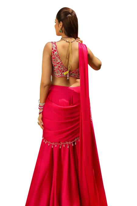 Ajiesh Oberoi Pink Chiffon, Satin Cut Work, Tassels Karishma Draped Sharara Saree With Blouse at Aza Fashions Ajiesh Oberoi_Pink Chiffon, Satin Cut Work, Tassels Karishma Draped Sharara Saree With Blouse _at_Aza_Fashions