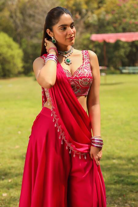 Buy Ajiesh Oberoi Pink Chiffon, Satin Cut Work, Tassels Karishma Draped Sharara Saree With Blouse Buy_Ajiesh Oberoi_Pink Chiffon, Satin Cut Work, Tassels Karishma Draped Sharara Saree With Blouse