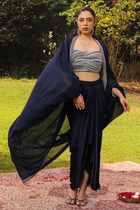 Buy Ajiesh Oberoi Blue Chiffon, Organza, Cotton, Muslin Embroidered Bustier Draped Skirt Set Online at Aza Fashions Buy_Ajiesh Oberoi_Blue Chiffon, Organza, Cotton, Muslin Embroidered Bustier Draped Skirt Set _Online_at_Aza_Fashions