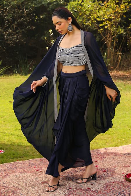 Shop Ajiesh Oberoi Blue Chiffon, Organza, Cotton, Muslin Embroidered Bustier Draped Skirt Set Online at Aza Fashions Shop_Ajiesh Oberoi_Blue Chiffon, Organza, Cotton, Muslin Embroidered Bustier Draped Skirt Set _Online_at_Aza_Fashions