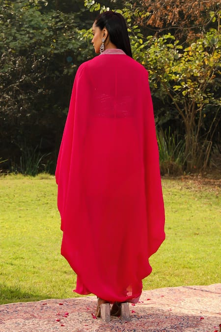 Shop Ajiesh Oberoi Pink Organza, Chiffon, Muslin Crystals Embellished Cape Draped Skirt Set at Aza Fashions Shop_Ajiesh Oberoi_Pink Organza, Chiffon, Muslin Crystals Embellished Cape Draped Skirt Set _at_Aza_Fashions