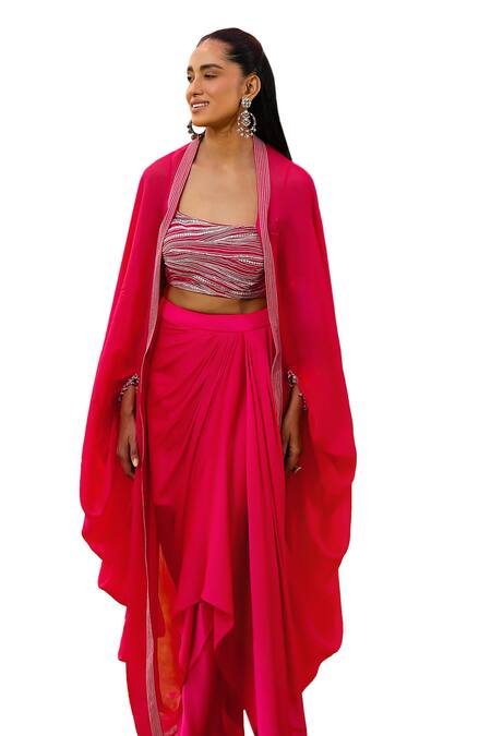 Buy Ajiesh Oberoi Pink Organza, Chiffon, Muslin Crystals Embellished Cape Draped Skirt Set Online at Aza Fashions Buy_Ajiesh Oberoi_Pink Organza, Chiffon, Muslin Crystals Embellished Cape Draped Skirt Set _Online_at_Aza_Fashions