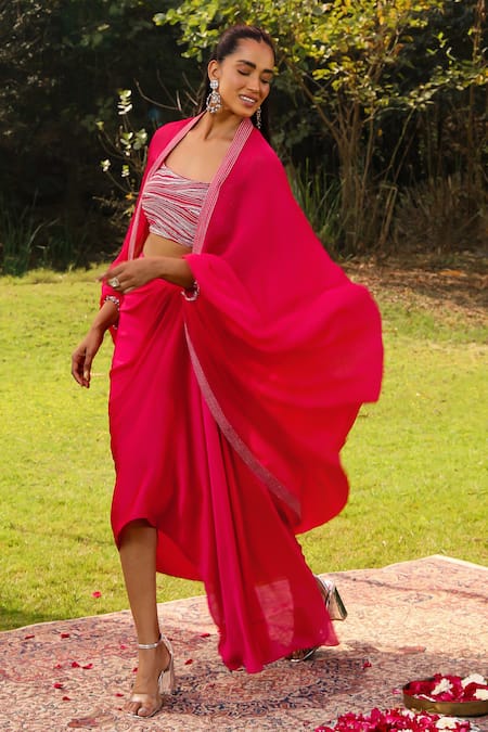 Shop Ajiesh Oberoi Pink Organza, Chiffon, Muslin Crystals Embellished Cape Draped Skirt Set Online at Aza Fashions Shop_Ajiesh Oberoi_Pink Organza, Chiffon, Muslin Crystals Embellished Cape Draped Skirt Set _Online_at_Aza_Fashions