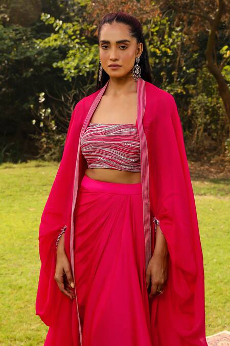 Shop Ajiesh Oberoi Pink Organza, Chiffon, Muslin Crystals Embellished Cape Draped Skirt Set Shop_Ajiesh Oberoi_Pink Organza, Chiffon, Muslin Crystals Embellished Cape Draped Skirt Set