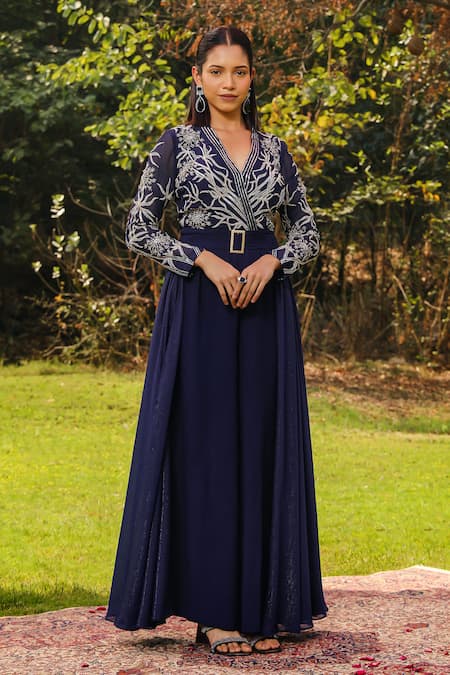 Ajiesh Oberoi Blue Organza Embroidered Floral V Neck Rumi Jumpsuit With Detachable Flaps 