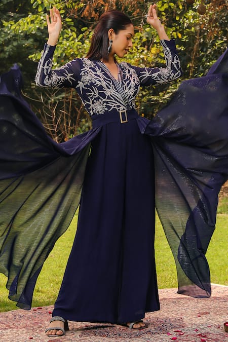 Ajiesh Oberoi Blue Organza, Georgette, Lurex Rumi Floral Jumpsuit With Detachable Flaps Online at Aza Fashions Ajiesh Oberoi_Blue Organza, Georgette, Lurex Rumi Floral Jumpsuit With Detachable Flaps _Online_at_Aza_Fashions