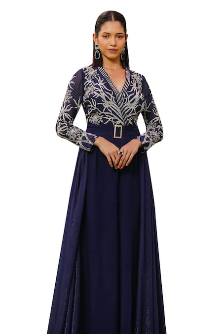 Shop Ajiesh Oberoi Blue Organza, Georgette, Lurex Rumi Floral Jumpsuit With Detachable Flaps Online at Aza Fashions Shop_Ajiesh Oberoi_Blue Organza, Georgette, Lurex Rumi Floral Jumpsuit With Detachable Flaps _Online_at_Aza_Fashions