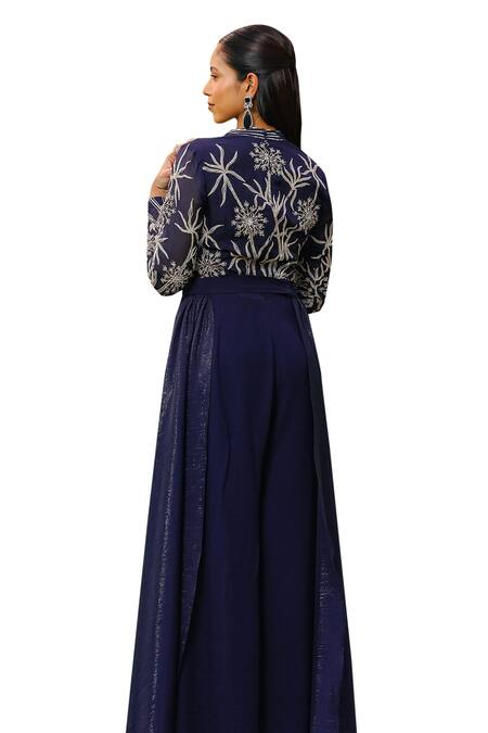 Ajiesh Oberoi Blue Organza, Georgette, Lurex Rumi Floral Jumpsuit With Detachable Flaps at Aza Fashions Ajiesh Oberoi_Blue Organza, Georgette, Lurex Rumi Floral Jumpsuit With Detachable Flaps _at_Aza_Fashions